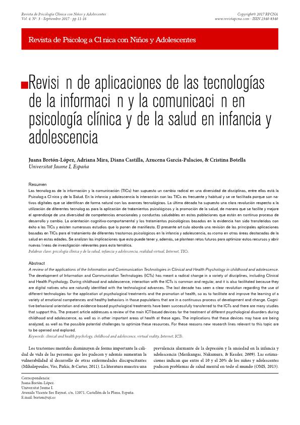 Revisión de aplicaciones de las tecnologías de la información y la comunicación en psicología clínica y de la salud en infancia y adolescencia