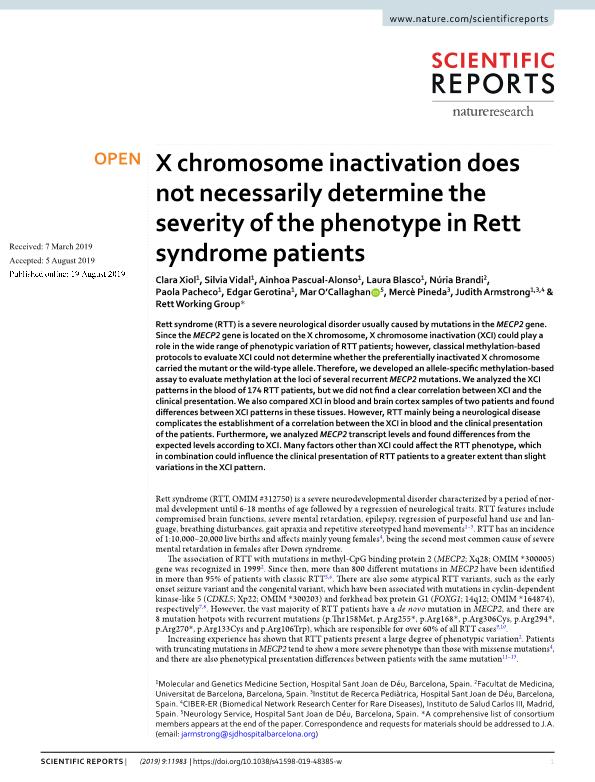 X chromosome inactivation does not necessarily determine the severity of the phenotype in Rett syndrome patients