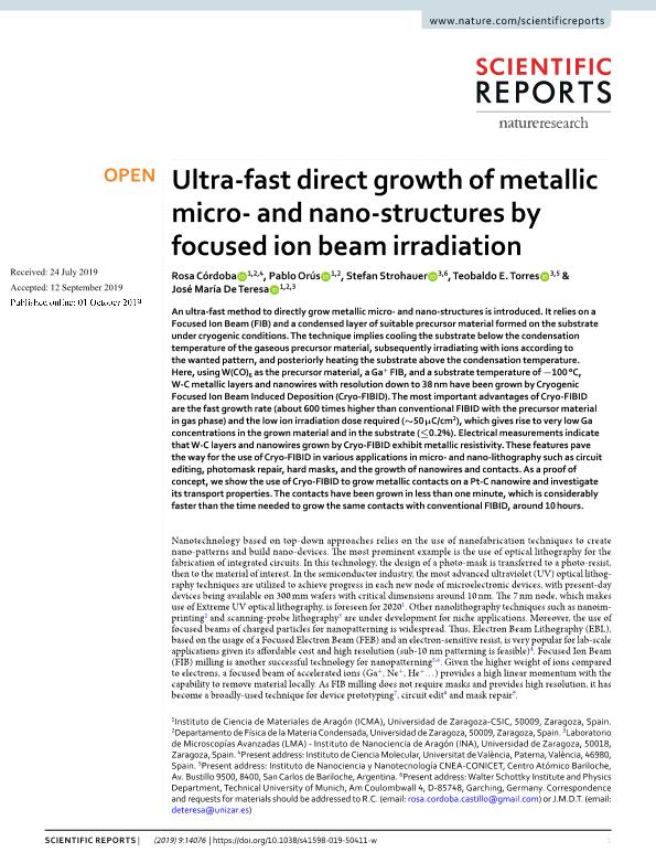 Ultra-fast direct growth of metallic micro- and nano-structures by focused ion beam irradiation