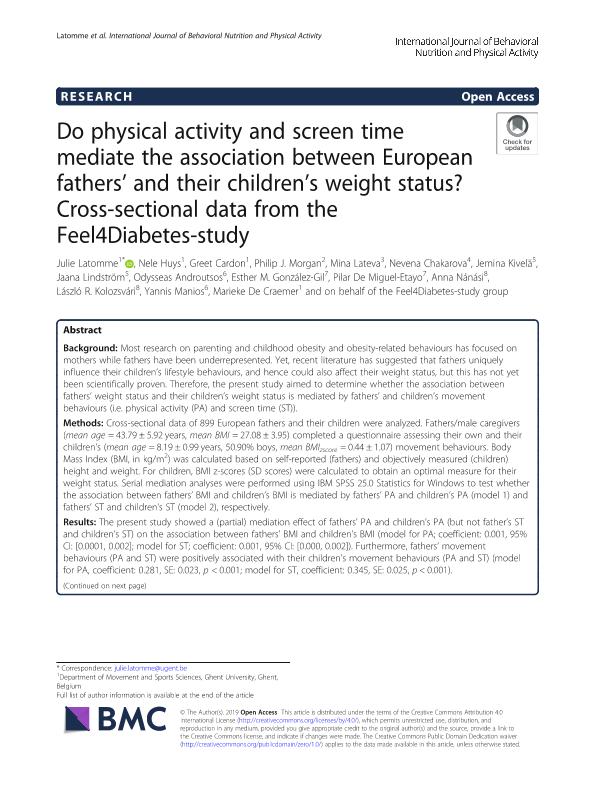 Do physical activity and screen time mediate the association between European fathers' and their children's weight status? Cross-sectional data from the Feel4Diabetes-study