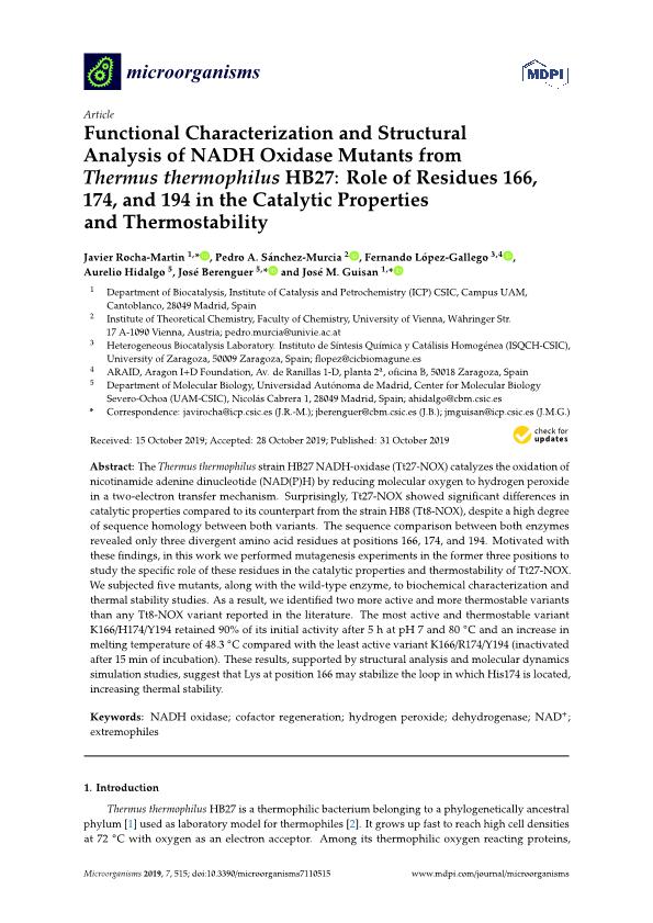Functional characterization and structural analysis of NADH oxidase mutants from thermus thermophilus HB27: Role of residues 166, 174, and 194 in the catalytic properties and thermostability