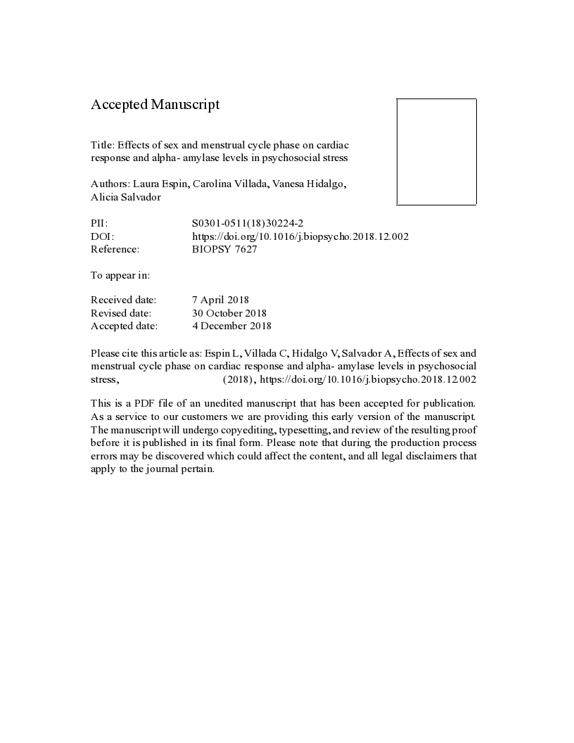 Effects of sex and menstrual cycle phase on cardiac response and alpha- amylase levels in psychosocial stress
