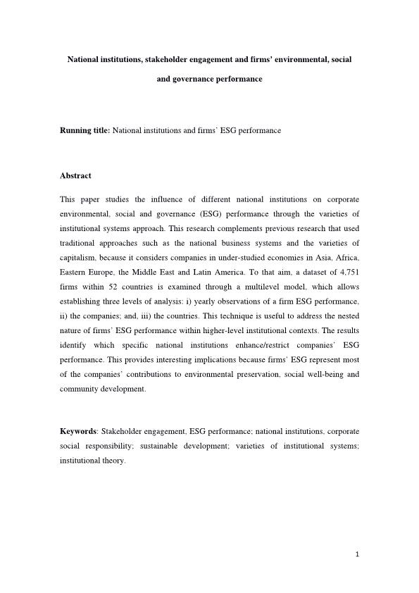 National institutions, stakeholder engagement, and firms' environmental, social, and governance performance