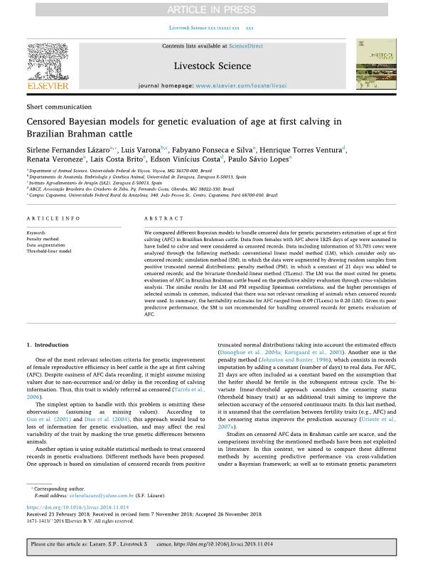 Censored Bayesian models for genetic evaluation of age at first calving in Brazilian Brahman cattle