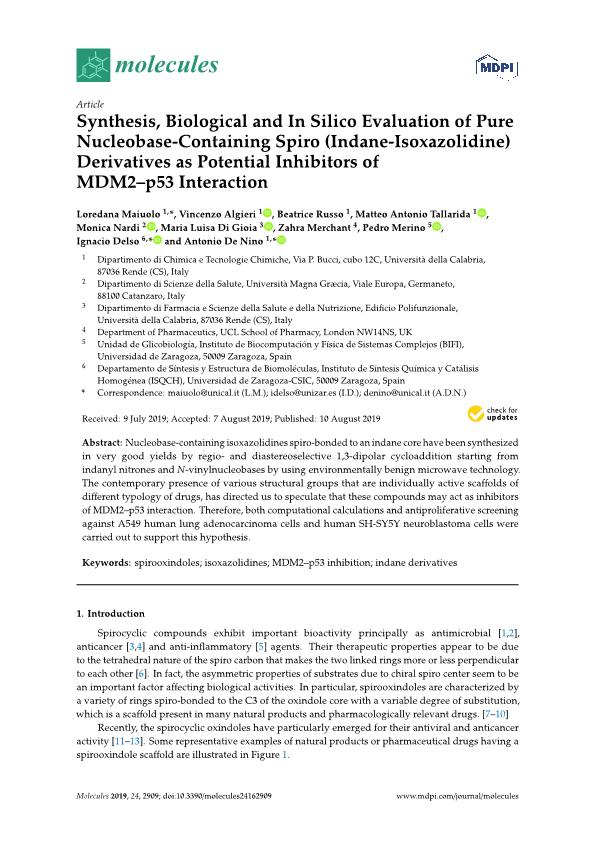 Synthesis, biological and in silico evaluation of pure nucleobase-containing spiro (Indane-Isoxazolidine) derivatives as potential inhibitors of MDM2-p53 interaction