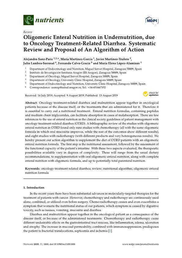 Oligomeric enteral nutrition in undernutrition, due to oncology treatment-related diarrhea. Systematic review and proposal of an algorithm of action