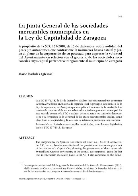 La Junta General de las sociedades mercantiles municipales en la Ley de Capitalidad de Zaragoza
