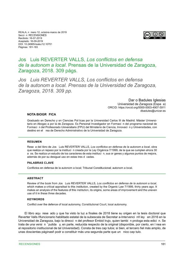 José Luis REVERTER VALLS, Los conflictos en defensa de la autonomía local. Prensas de la Universidad de Zaragoza, Zaragoza, 2018. 309 págs.