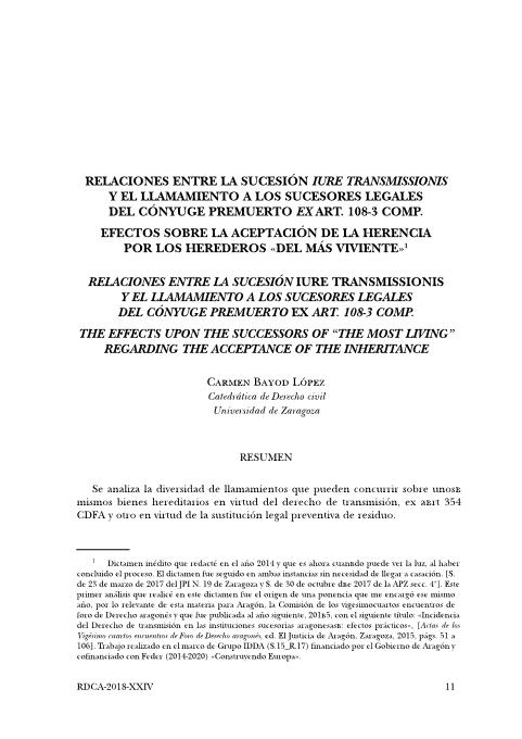 Relaciones entre la sucesión iure transmissionis y el llamamiento a los sucesores legales del cónyuge premuerto ex art. 108 Comp. Efectos sobre la aceptación de la herencia sobre los herederos “del más viviente”