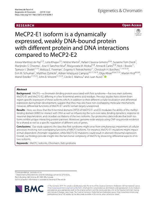 MeCP2-E1 isoform is a dynamically expressed, weakly DNA-bound protein with different protein and DNA interactions compared to MeCP2-E2