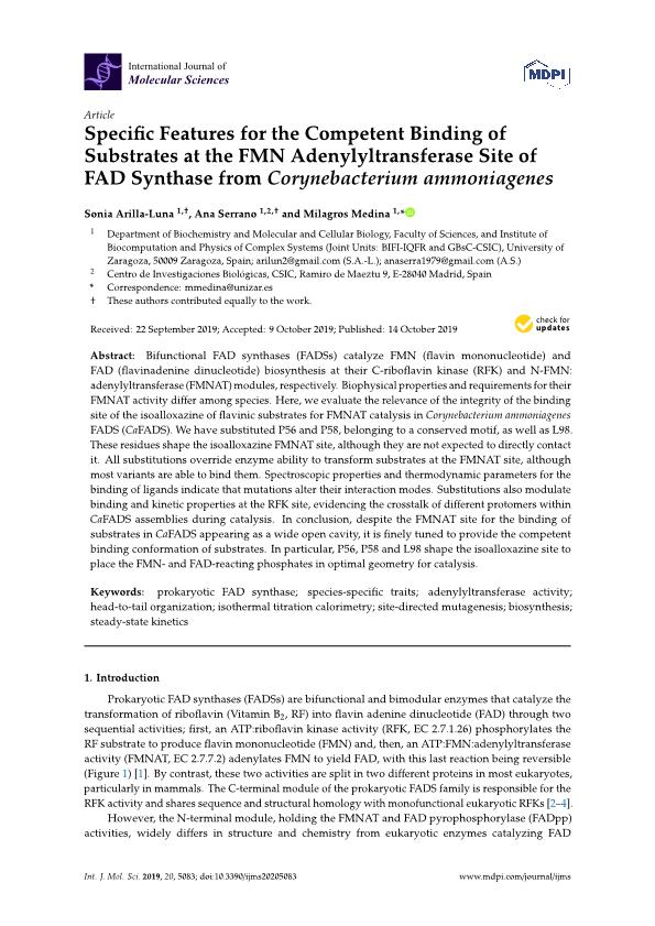 Specific features for the competent binding of substrates at the FMN adenylyltransferase site of FAD synthase from corynebacterium ammoniagenes