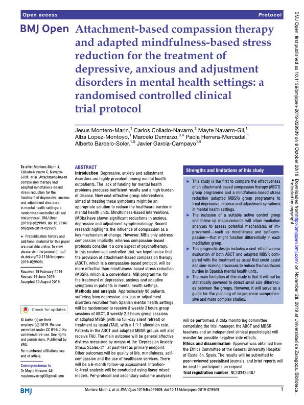 Attachment-based compassion therapy and adapted mindfulness-based stress reduction for the treatment of depressive, anxious and adjustment disorders in mental health settings: A randomised controlled clinical trial protocol