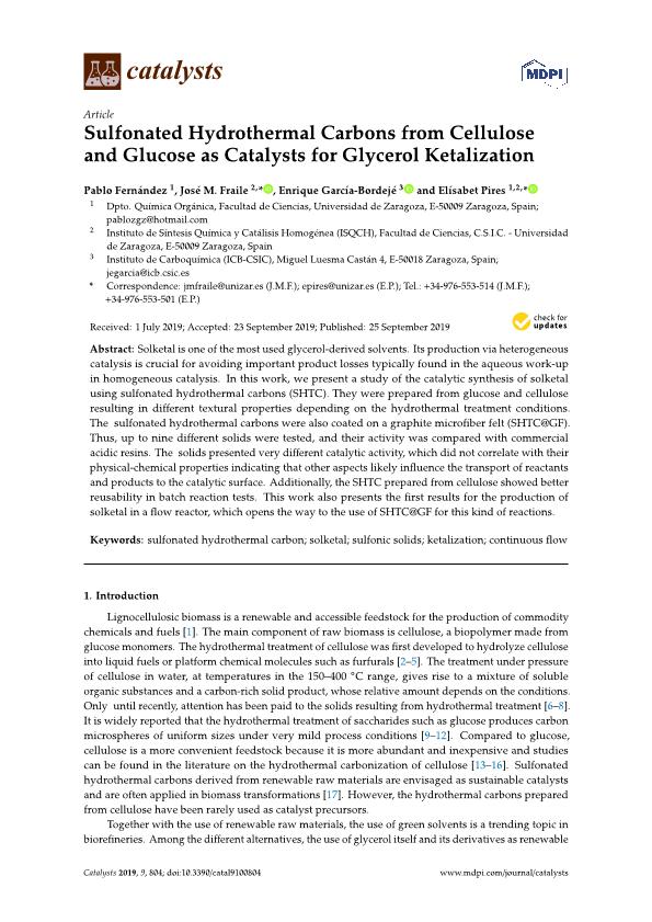 Sulfonated hydrothermal carbons from cellulose and glucose as catalysts for glycerol ketalization