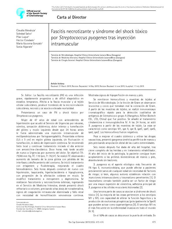 Fascitis necrotizante y síndrome del shock tóxico por Streptococcus pyogenes tras inyección intramuscular