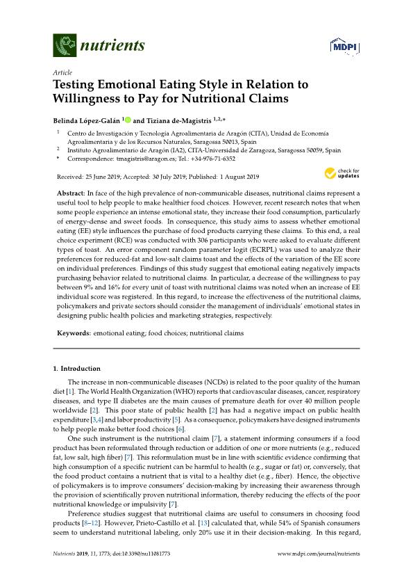 Testing emotional eating style in relation to willingness to pay for nutritional claims