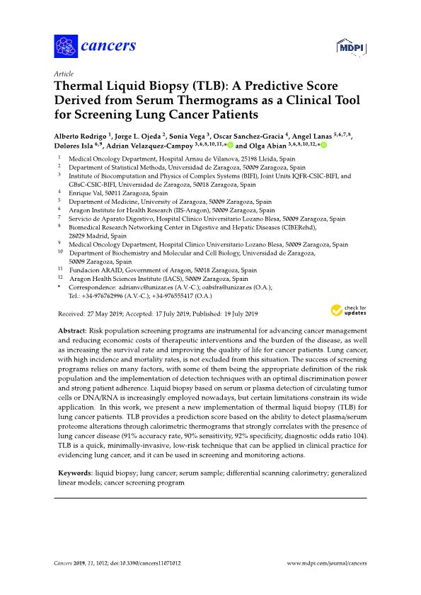 Thermal liquid biopsy (Tlb): A predictive score derived from serum thermograms as a clinical tool for screening lung cancer patients