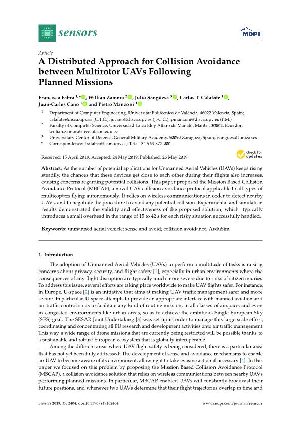 A distributed approach for collision avoidance between multirotor UAVs following planned missions