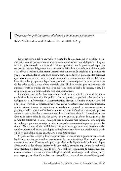 Comunicación política: nuevas dinámicas y ciudadanía permanente. Rubén Sánchez Medero (dir.). Madrid: Tecnos, 2016, 442 pp.