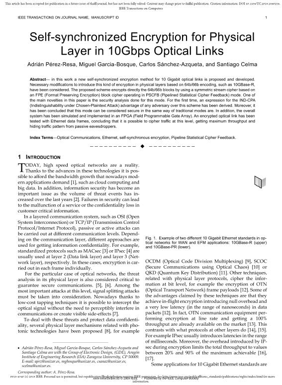 Self-synchronized Encryption for Physical Layer in 10Gbps Optical Links