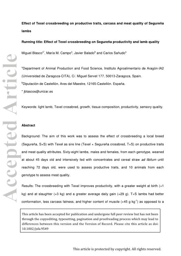 Effect of Texel crossbreeding on productive traits, carcass and meat quality of Segureña lambs