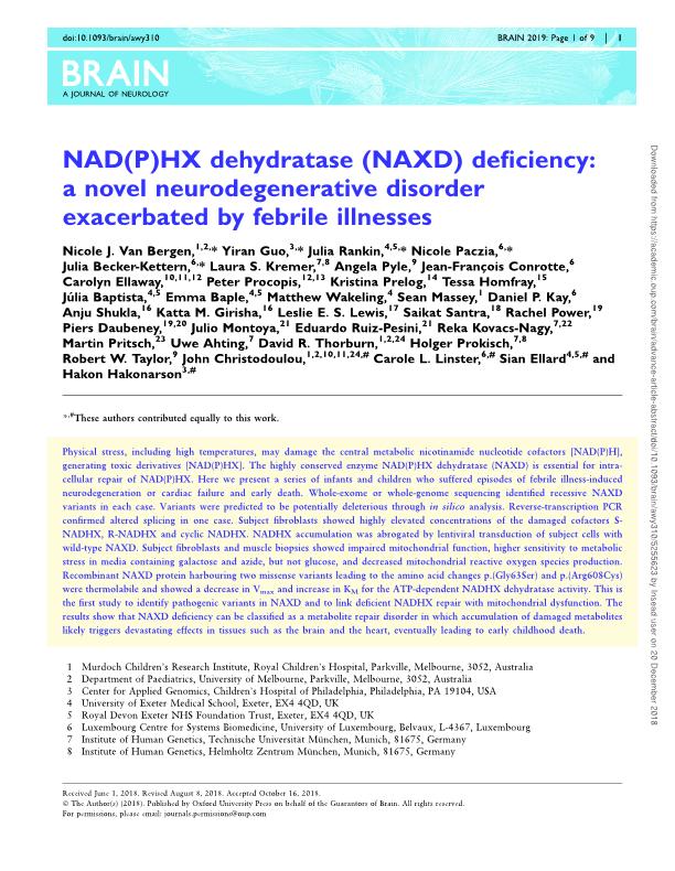 NAD(P)HX dehydratase (NAXD) deficiency: a novel neurodegenerative disorder exacerbated by febrile illnesses