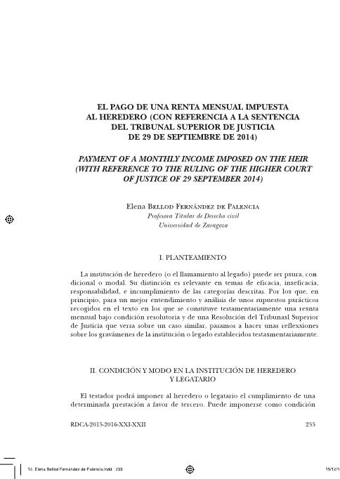 El pago de una renta mensual impuesta al heredero con referencia a la Sentencia del Tribunal Superior de Justicia de Aragón de 29 de septiembre de 2014