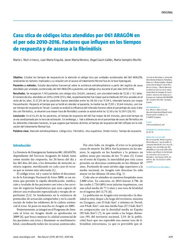 Casuística de códigos ictus atendidos por 061 Aragón en el período 2010-2016. Factores que influyen en los tiempos de respuesta y de acceso a la fibrinólisis.