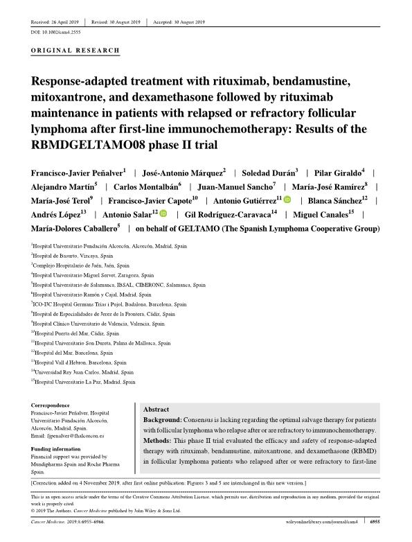 Response-adapted treatment with rituximab, bendamustine, mitoxantrone, and dexamethasone followed by rituximab maintenance in patients with relapsed or refractory follicular lymphoma after first-line immunochemotherapy: Results of the RBMDGELTAMO08 phase II trial