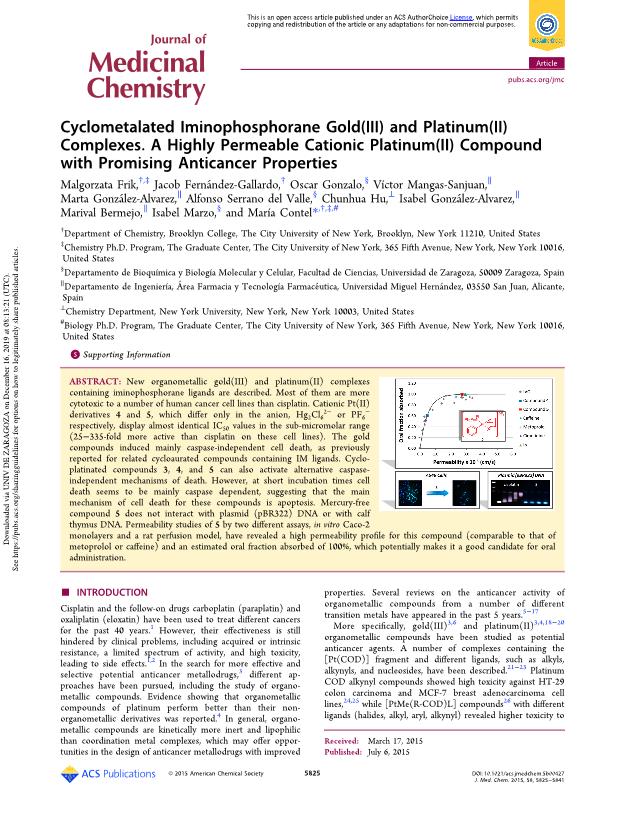 Cyclometalated Iminophosphorane Gold(III) and Platinum(II) Complexes. A Highly Permeable Cationic Platinum(II) Compound with Promising Anticancer Properties