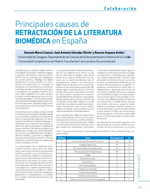 Principales causas de retractación de la literatura biomédica en España