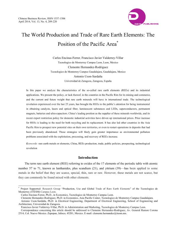 The world production and trade of rare earth elements: the position of the pacific area