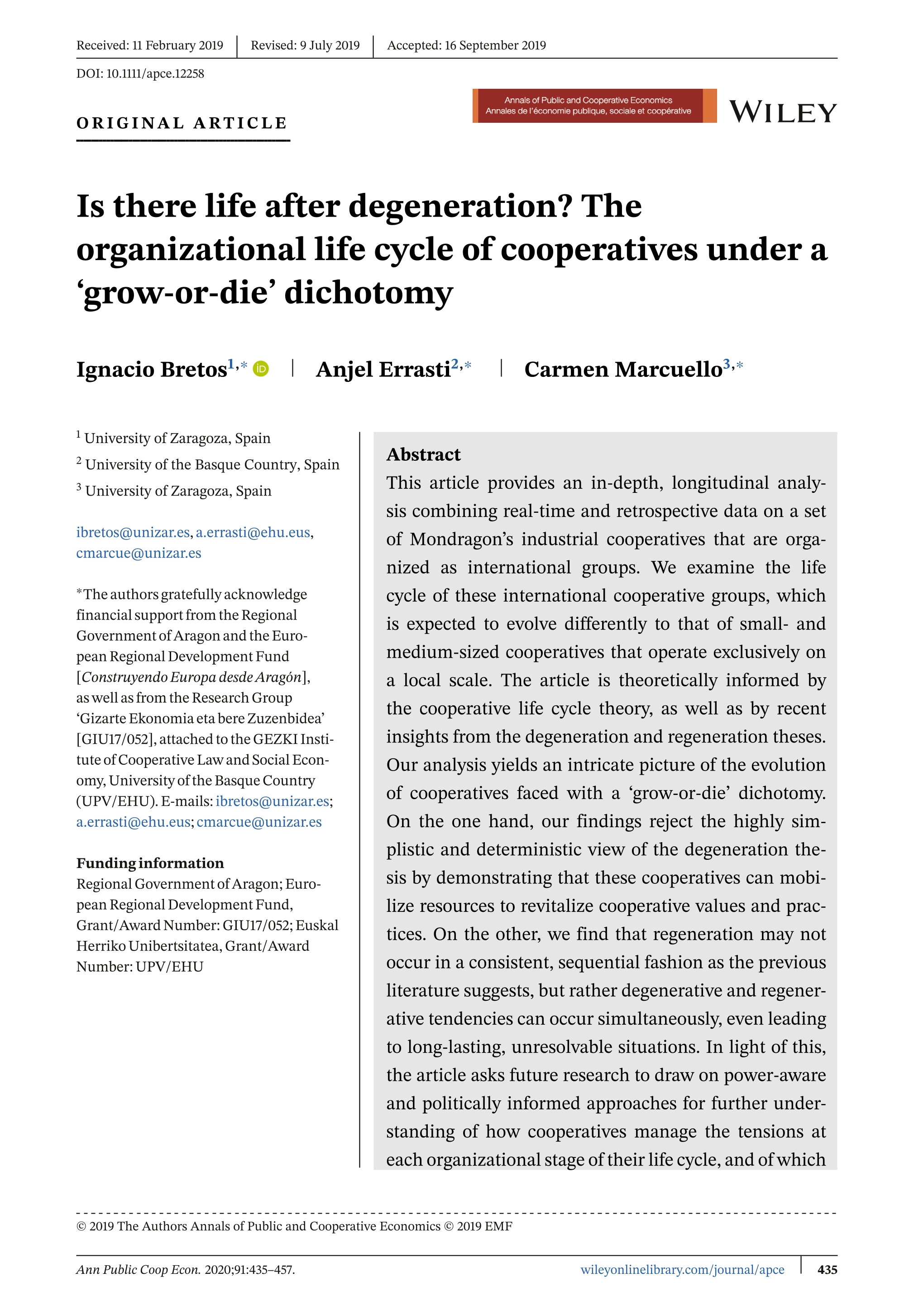 Is there life after degeneration? The organizational life cycle of cooperatives under a ‘grow-or-die’ dichotomy