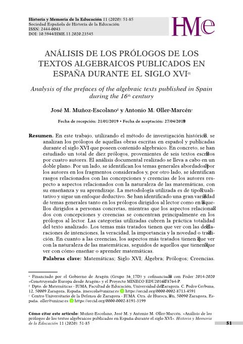 Análisis de los prólogos de los textos algebraicos publicados en España durante el siglo XVI