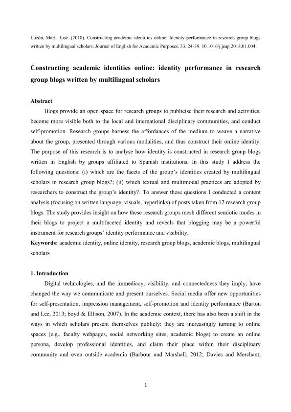 Constructing academic identities online: Identity performance in research group blogs written by multilingual scholars