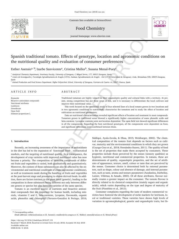 Spanish traditional tomato. Effects of genotype, location and agronomic conditions on the nutritional quality and evaluation of consumer preferences