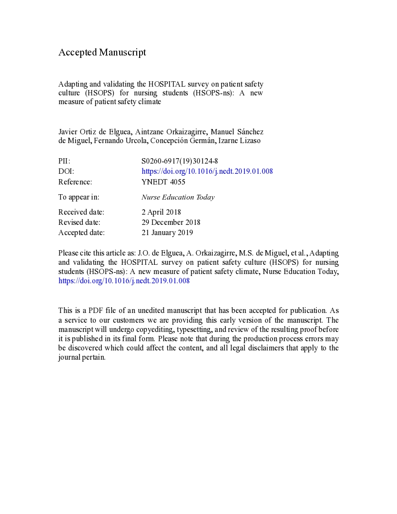 Adapting and validating the Hospital Survey on Patient Safety Culture (HSOPS) for nursing students (HSOPS-NS): A new measure of Patient Safety Climate