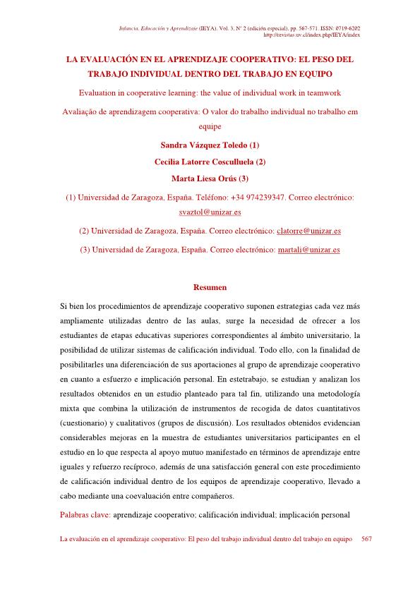 La evaluación en el aprendizaje cooperativo: el peso del trabajo individual dentro del trabajo en equipo