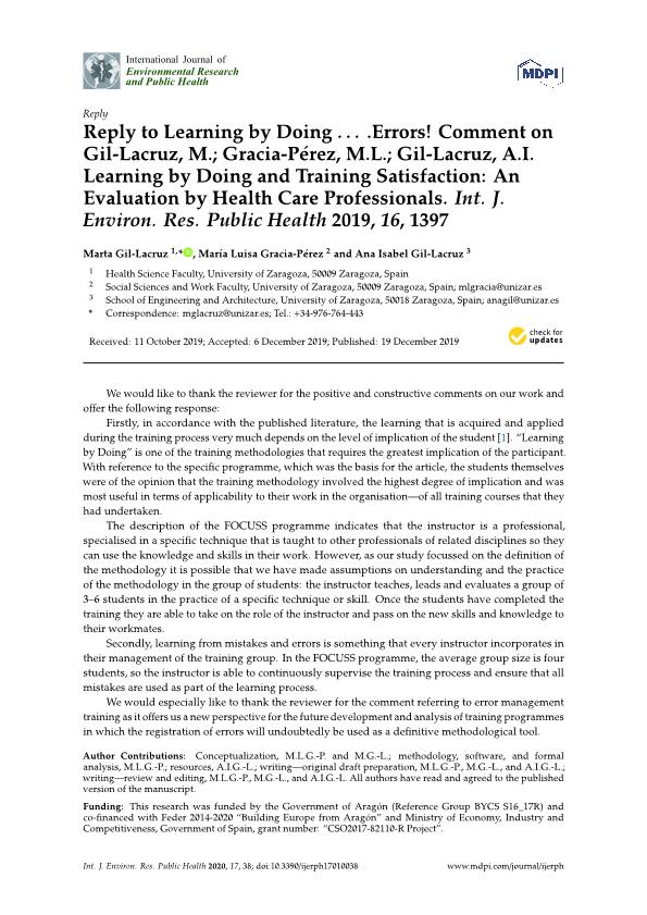 Reply to learning by doing….errors! comment on Gil-Lacruz, M.; Gracia-Pérez, M.L.; Gil-Lacruz, A.I. learning by doing and training satisfaction: An evaluation by health care professionals. int. J. Environ. Res. Public Health 2019, 16, 1397