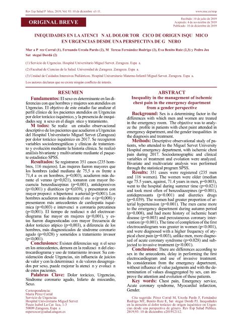 Inequidades en la atención al dolor torácico de origen isquémico en Urgencias desde una perspectiva de género