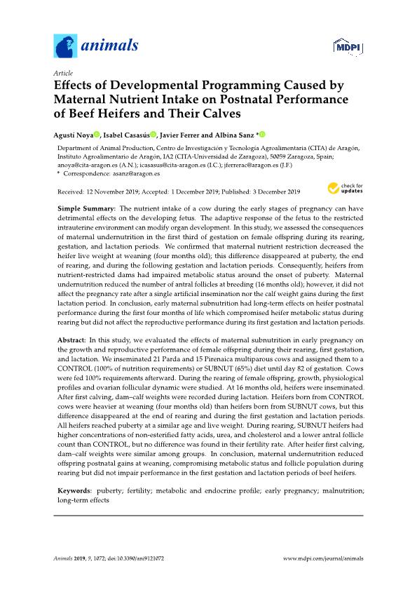 Effects of developmental programming caused by maternal nutrient intake on postnatal performance of beef heifers and their calves