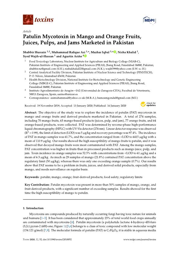 Patulin mycotoxin in mango and orange fruits, juices, pulps, and jams marketed in Pakistan