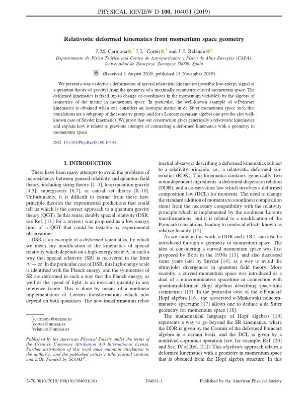 Relativistic deformed kinematics from momentum space geometry