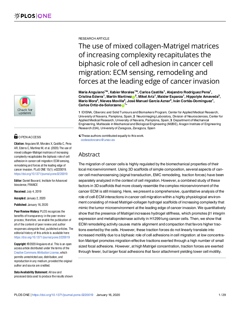 The use of mixed collagen-Matrigel matrices of increasing complexity recapitulates the biphasic role of cell adhesion in cancer cell migration: ECM sensing, remodeling and forces at the leading edge of cancer invasion