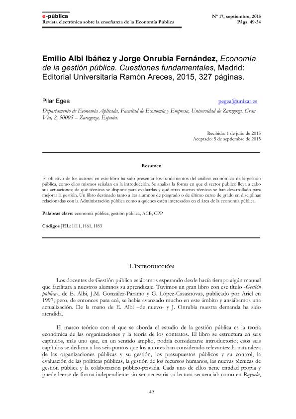 Comentarios sobre el libro Economía de la gestión pública. Cuestiones fundamentales, de Emilio Albi Ibáñez y Jorge Onrubia Fernándea