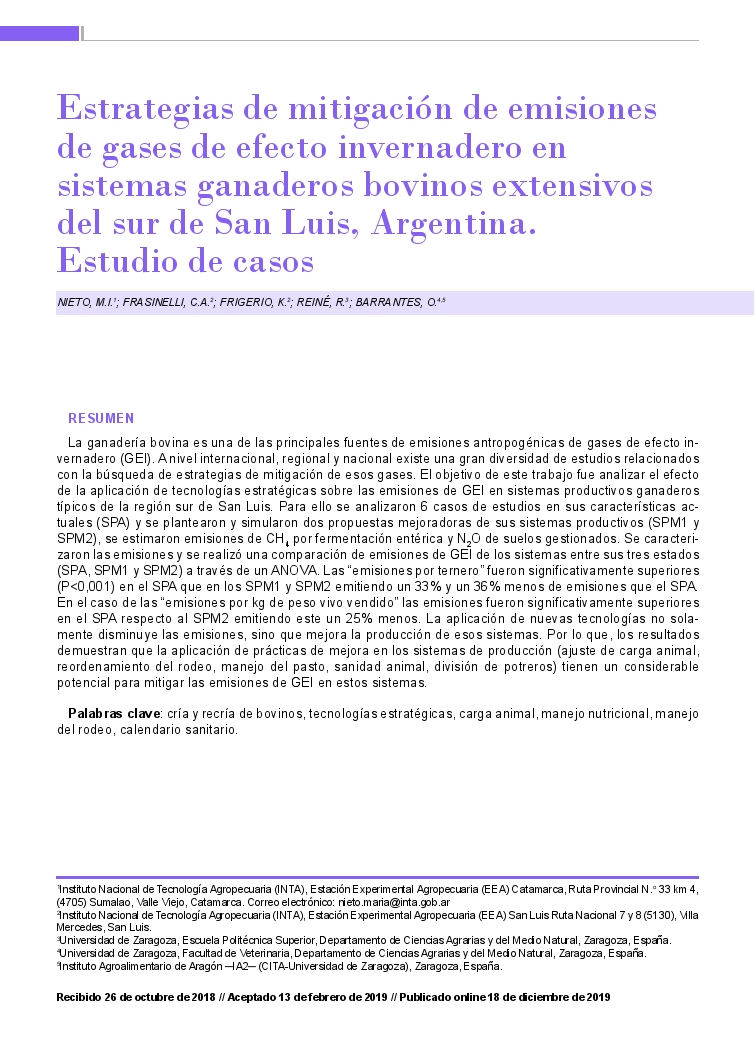 Estrategias de mitigación de emisiones de gases de efecto invernadero en sistemas ganaderos bovinos extensivos del sur de San Luis, Argentina. Estudio de casos