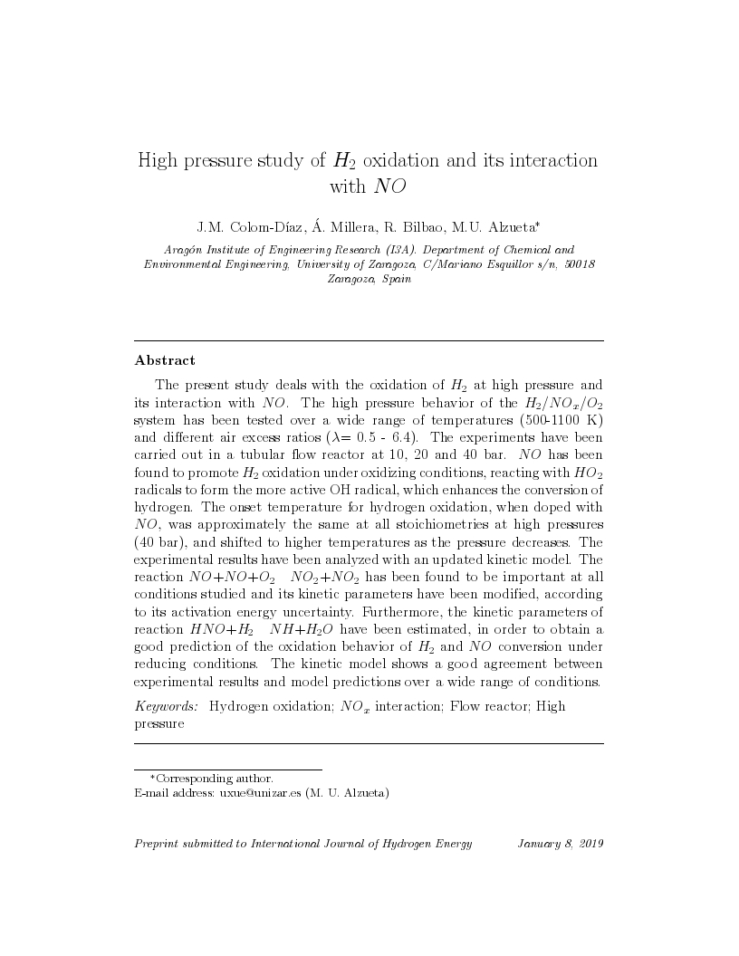 High pressure study of H2 oxidation and its interaction with NO
