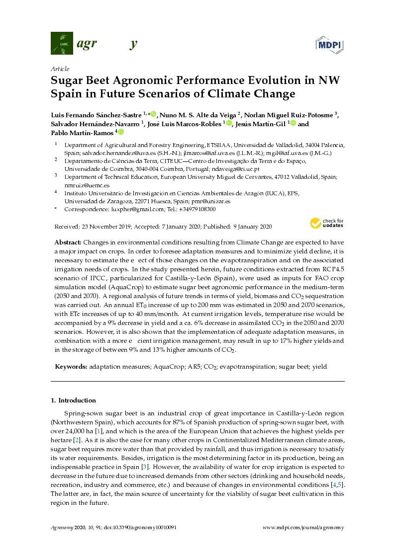 Sugar beet agronomic performance evolution in NW Spain in future scenarios of climate change
