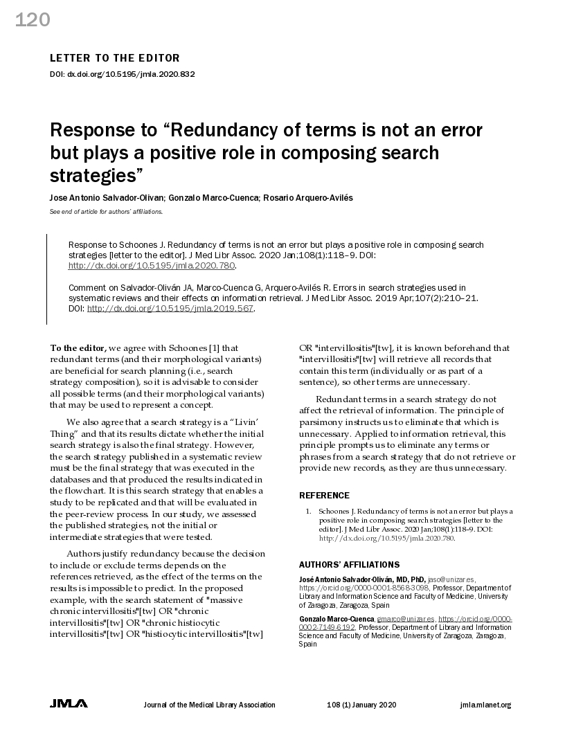 Response to “Redundancy of terms is not an error but plays a positive role in composing search strategies”