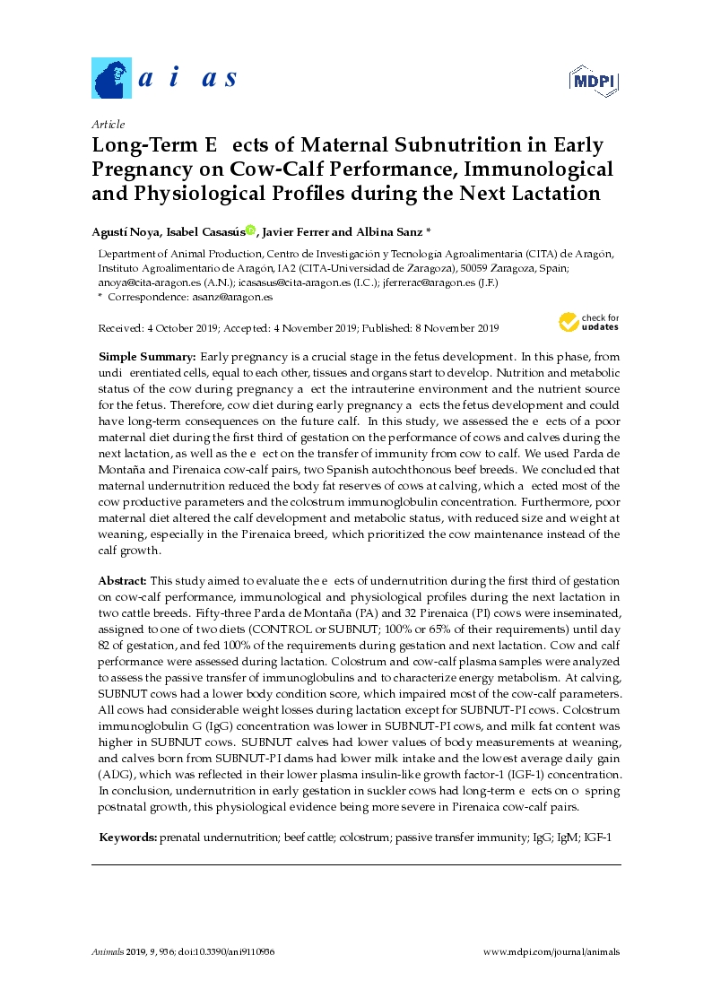 Long-term effects of maternal subnutrition in early pregnancy on cow-calf performance, immunological and physiological profiles during the next lactation