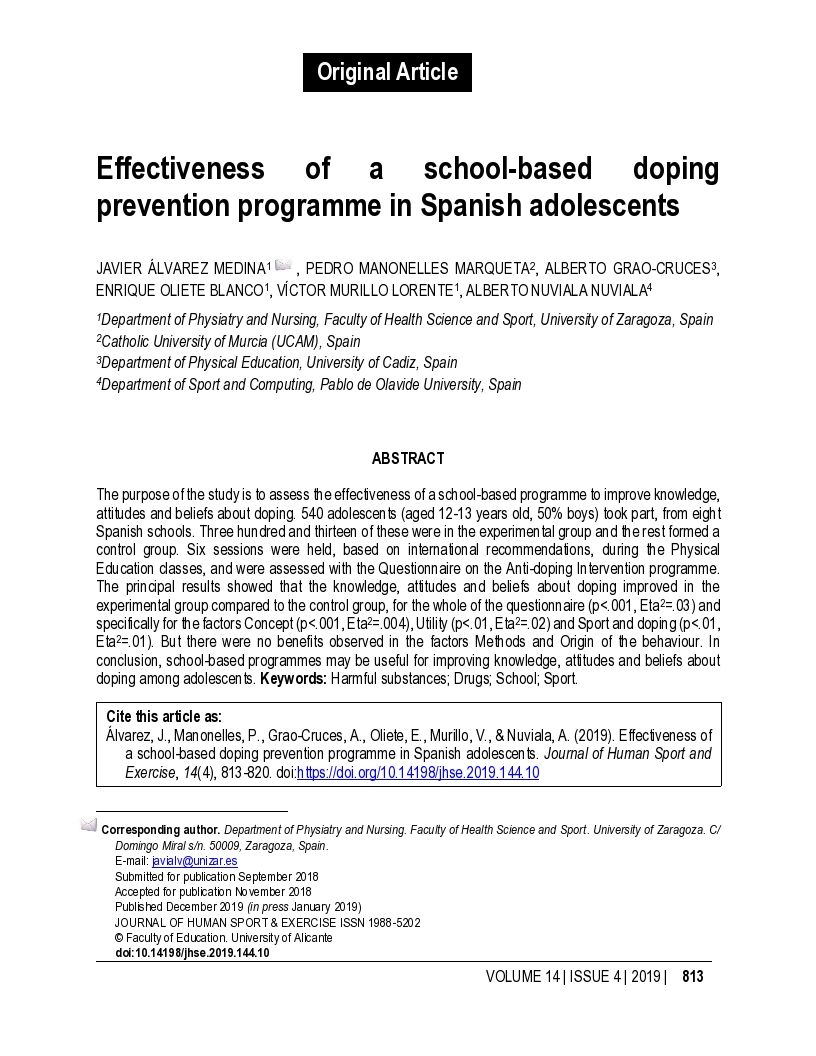 Effectiveness of a school-based doping prevention programme in Spanish adolescents